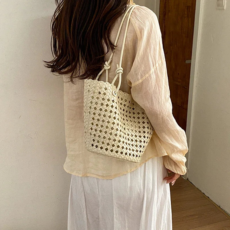 Hand-woven Openwork handBag With Zipper Inner Pocket,summer Pu Leather Beach Bucket Bags,large Capacity Simple Shopping handBag