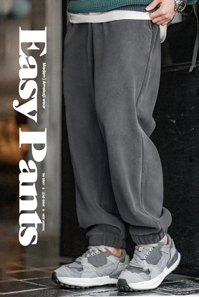 Maden Men's Casual Polar Fleece Cuffed Sweatpants Solid Color Elastic Waist Fleece-lined Pants Warm Sports Straight-leg Trousers