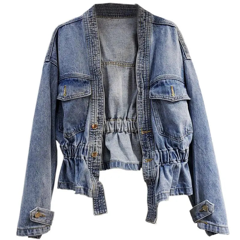 Denim Jacket for Women Plain Cinched Waist Slim Woman Jean Coat Blue Outerwear Spring Autumn 2025 Fashion Low Price Y2k Clothes