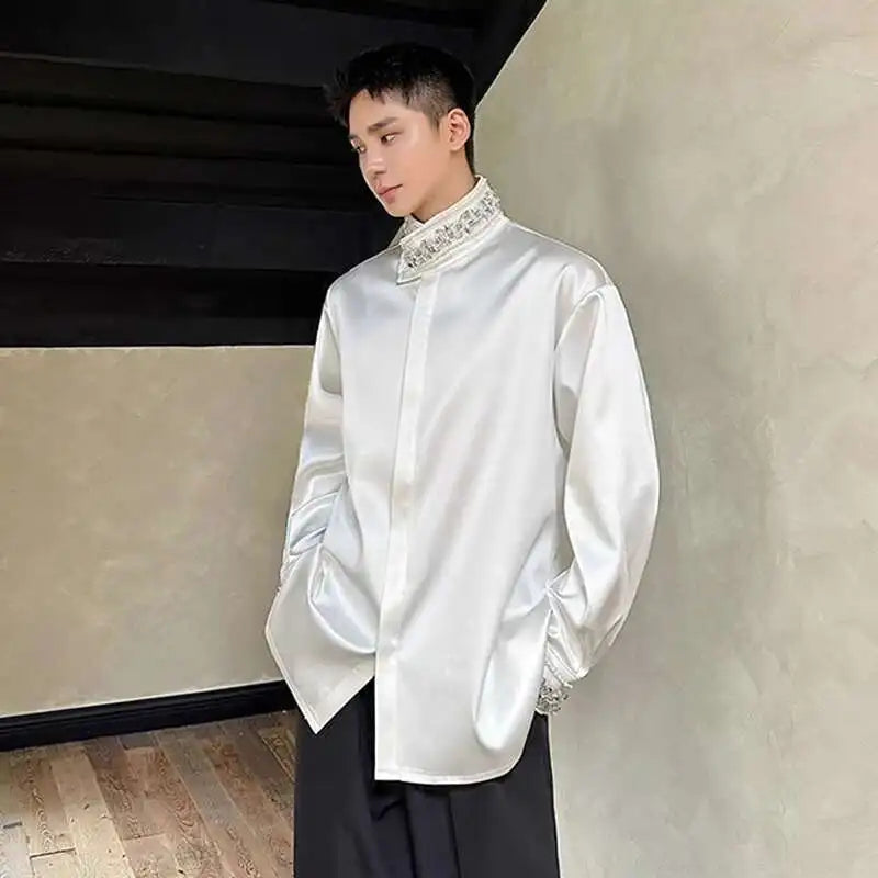 PFHQ Diamond Decoration Satin Long Sleeve Male Shirts Stand Collar Solid Color Single Breasted Men's Wear 2025 New Fashion9C7199