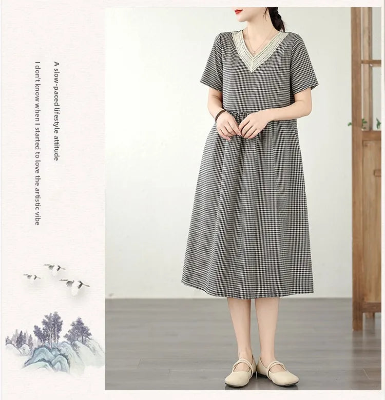 Retro Fashion Casual Plaid Dress Women Summer New V-neck Lace Splicing Loose Slimming Skirt over Knee Cotton Polyester Blend