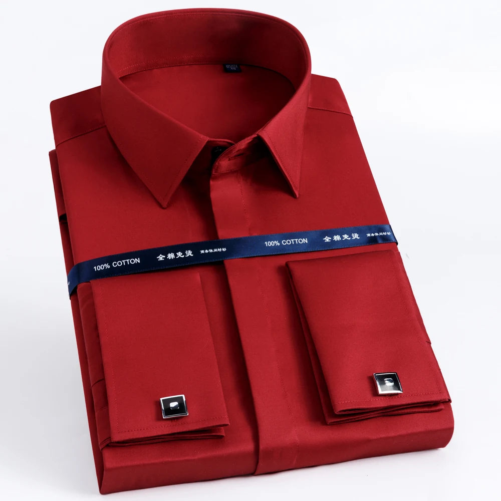 Men's 100% Cotton Iron-Free French Cuff Shirt Front Hidden Buttons Removable Collar Stays Formal Business Long Sleeve Shirts