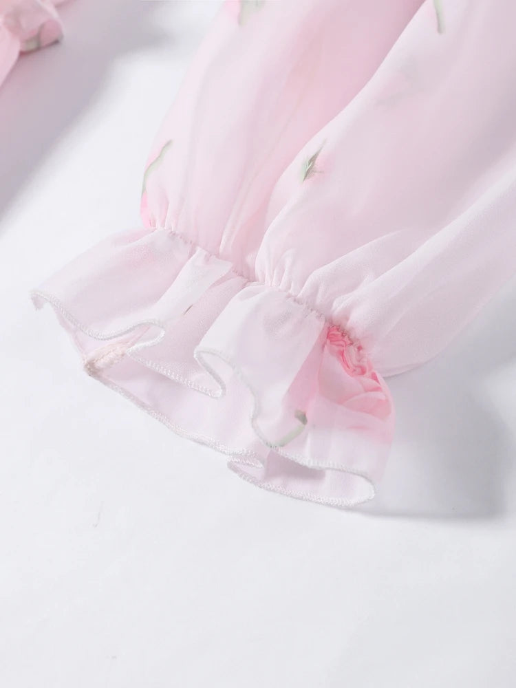 Women Rose Print Dress Puff Long Sleeve Mini Dress Sheer Mesh Ruffle Hem Button Front Fairy Party Short Dresses Summer Wear