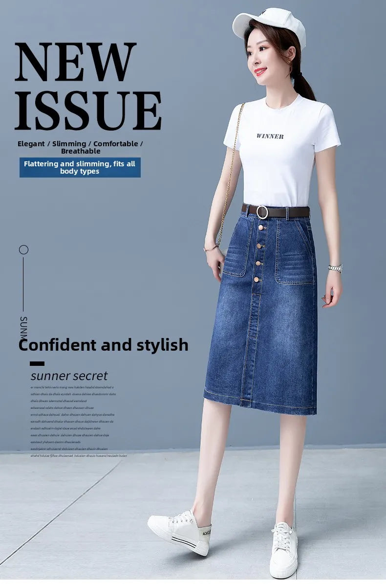High Waist A-Line Midi Skirt for Women Spring 2023 Denim Split Long Dress Korean Style Commute Pure Color Long Skirt