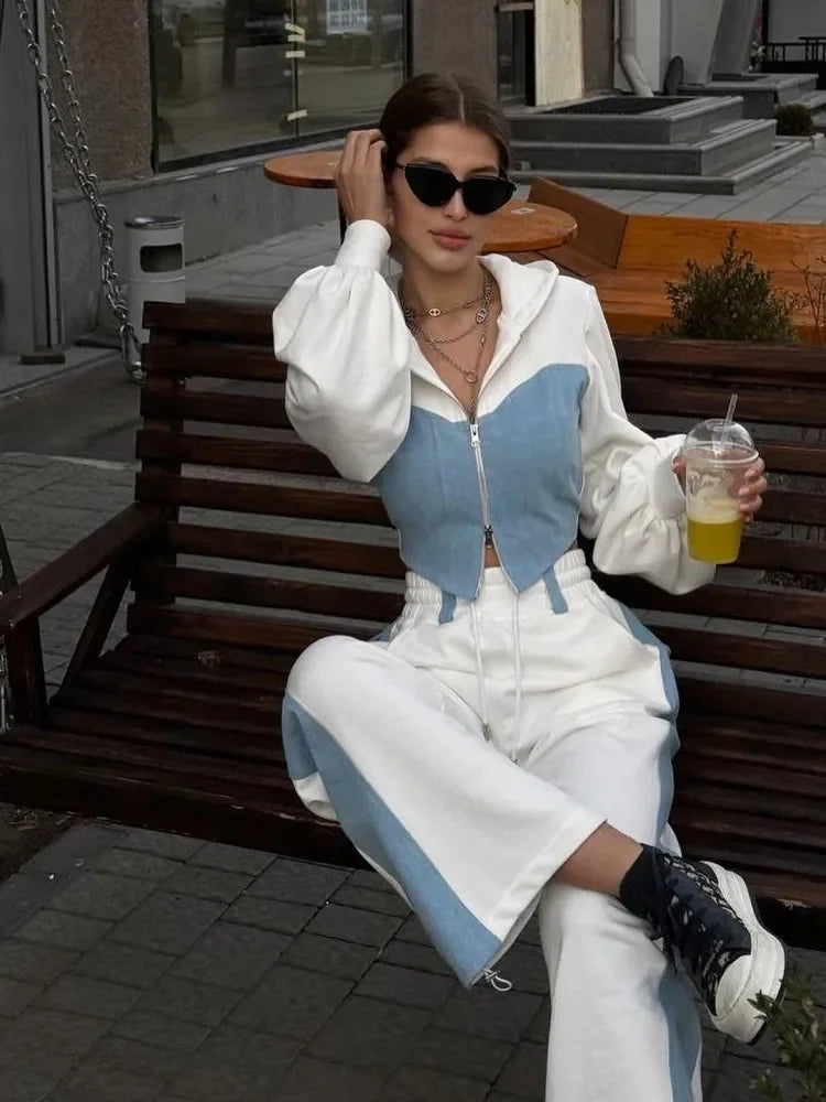 Hoodie Patchwork Denim 2 Piece Sets Women Outfit Slim Hoodies Crop Top Wide Leg Sweatpants Suit Streetwear Casual Tracksuits