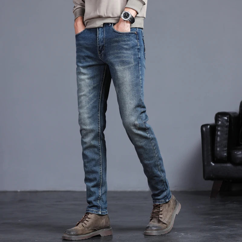 Men's Skinny Grey Jeans Fashion Casual Elastic Cotton Slim Korea Blue Biker Pencil Denim Trousers Male Hip Hop Brand Clothing