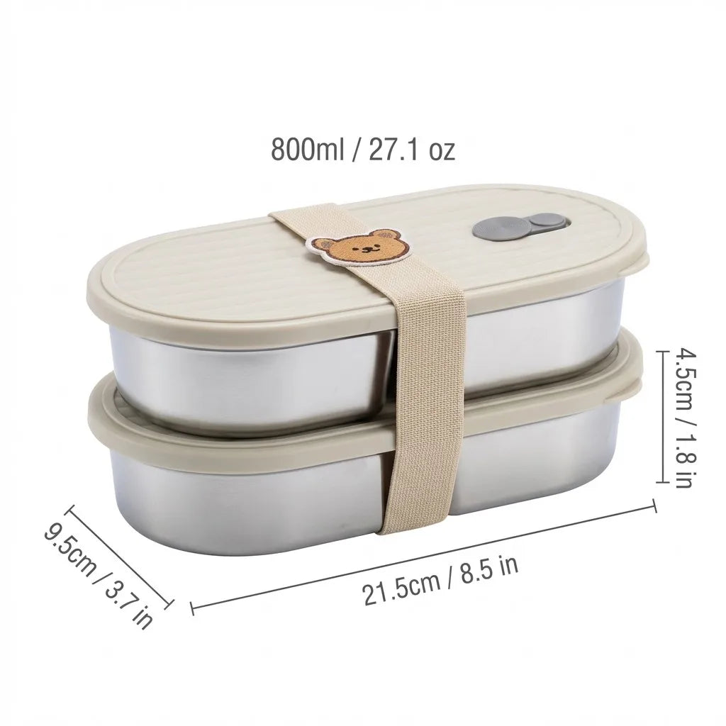Microwaveable 304 Stainless Steel Bento Box Oval Divided Lunch Box 2 Grids Food Storage Container For Kids Students School