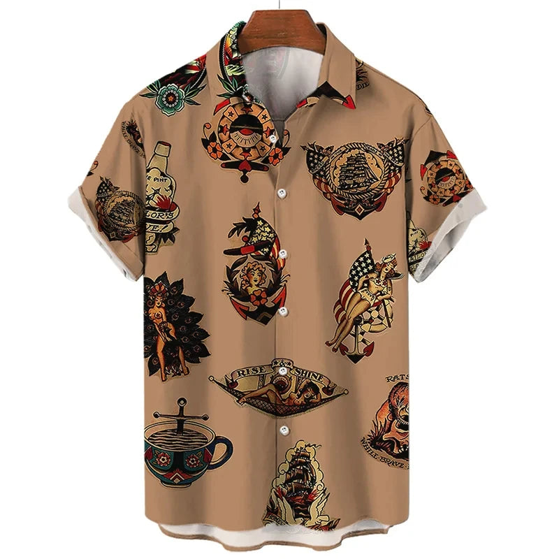 3D retro digital printed men's lapel short sleeved shirt