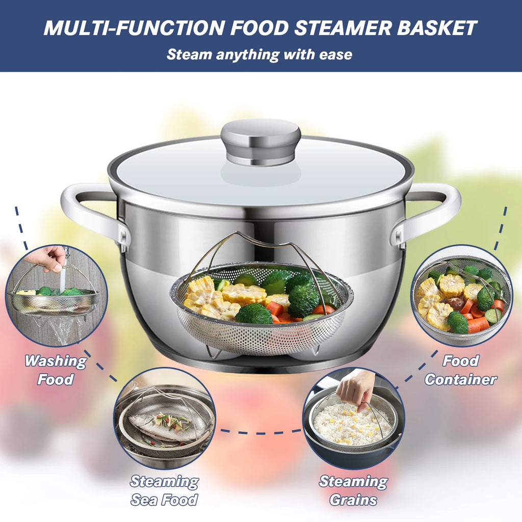 TastyWay Multi-function Stainless Steel Steaming Tray Drain Basket Durable Fruit Vegetable Drainage Basket Cooking Steaming