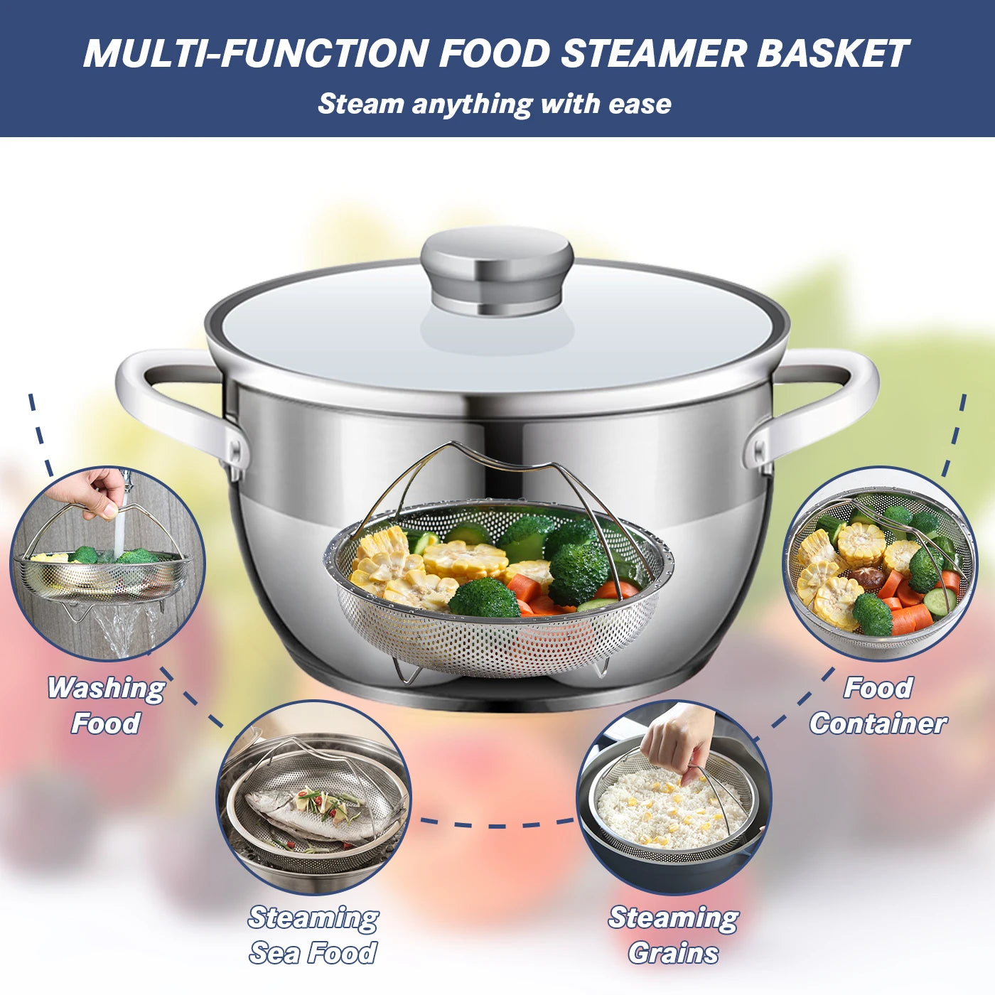 TastyWay Multi-function Stainless Steel Steaming Tray Drain Basket Durable Fruit Vegetable Drainage Basket Cooking Steaming