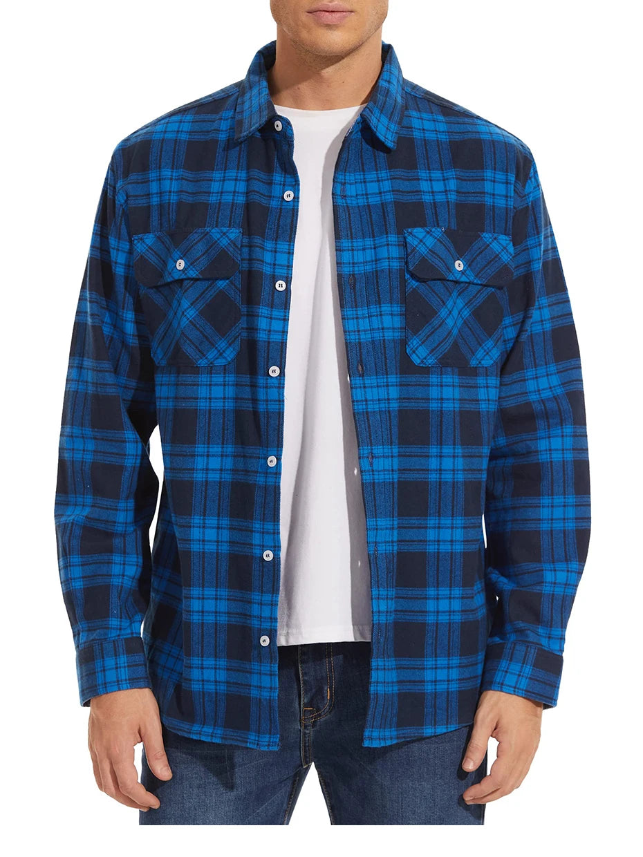 MAGCOMSEN Autumn Windproof Men's Flannel Shirt Warm Long Sleeve Casual Plaid Shirts with Two Chest Pockets
