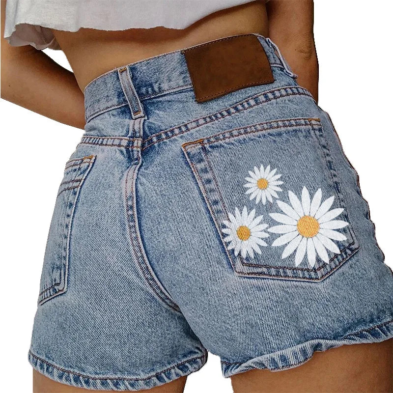 2025 French Retro Artistic Women's Casual Denim Shorts, Summer New Fashionable Printed Embroidery Versatile High-waisted Shorts