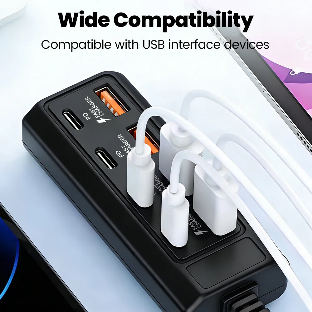 4 USB Charger Power Strip Fast Charging 4 Type C Phone Charger Adapter Electric Socket Extension Cable Socket for Home Office