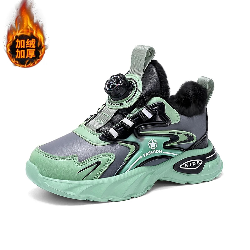 Children Sports Shoes Winter Plush Outdoor Warm Soft Comfort Boy Running Shoes Fashion Rotary Buckle Anti Slip Kids Tennis Shoes