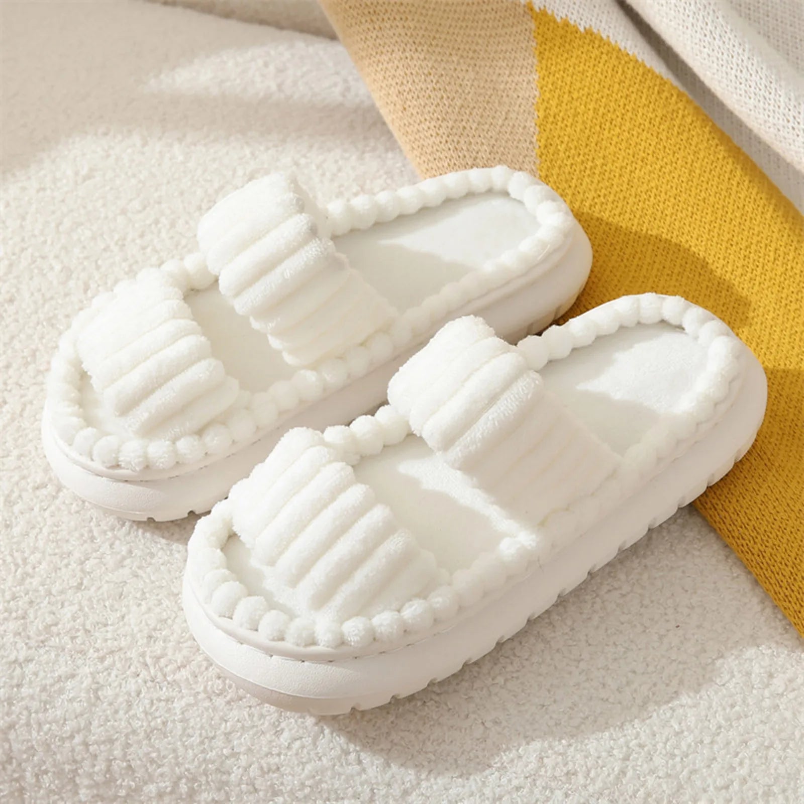 Fashion Women Winter Slipper Corduroy Double Strap House Warm Plush Flat Slippers Autumn Woman Light Comfort Indoor Slipper