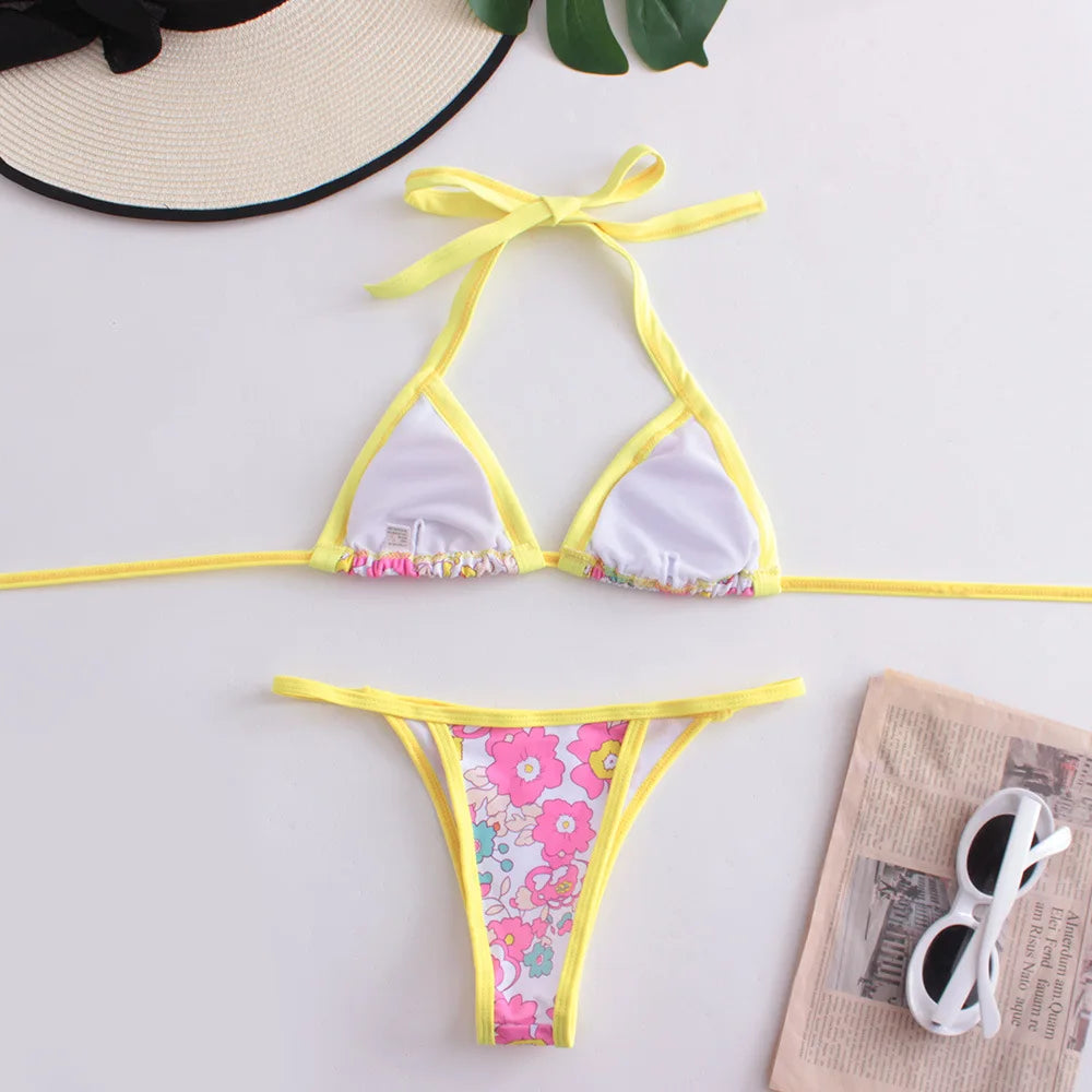 Sexy Bikini Swimsuit Digital Print Two-Piece Women's Triangle Soft Pack Swimwear Trendy Floral Pattern without Shoulder Straps