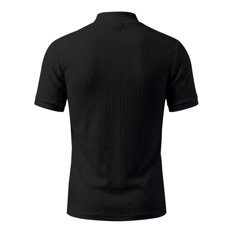 Men Summer Solid Jacquard Textured Mock Neck Short Sleeve T Shirt Slim Fit Simple Versatile Casual Daily Male Basic Tees