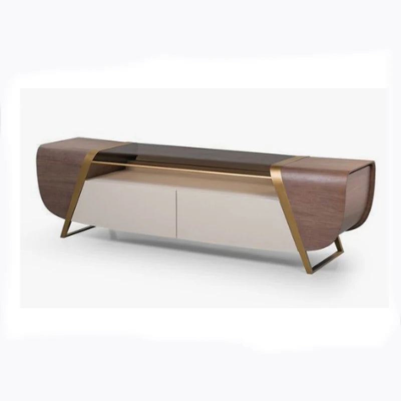 yt-Modern Living Room Walnut Glass Top Stainless Steel Cabinet TV Stand-