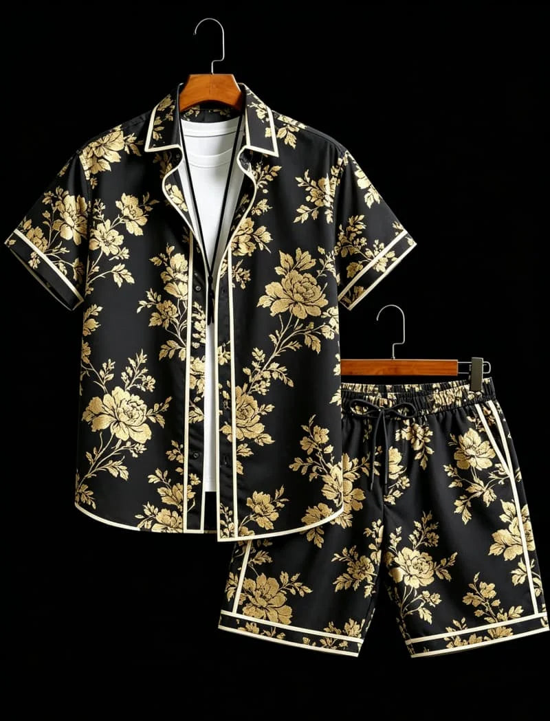 Men's Baroque Retro Printed Vacation Shirt set, Suitable For Beach Vacations And Luxurious Retro Style Outfits