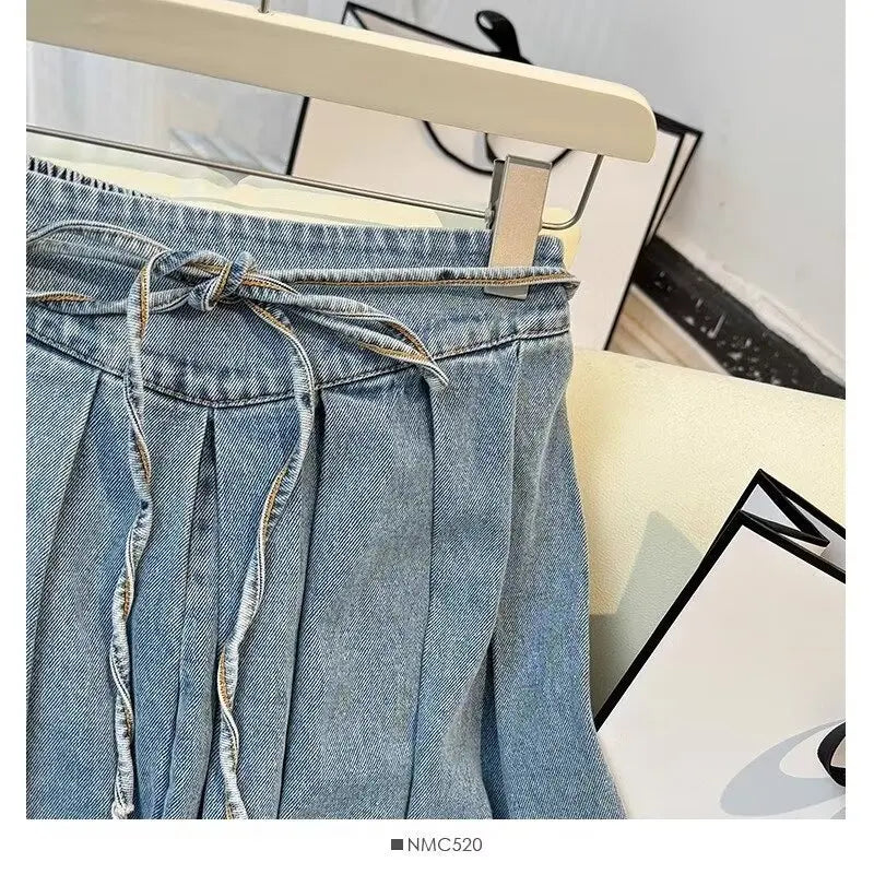 Denim Skirts Women Mid Length Skirt A Line High Waist Slim Fit Pleated Casual Elegant Splice Y2k Streetwear Work 2026 Spring