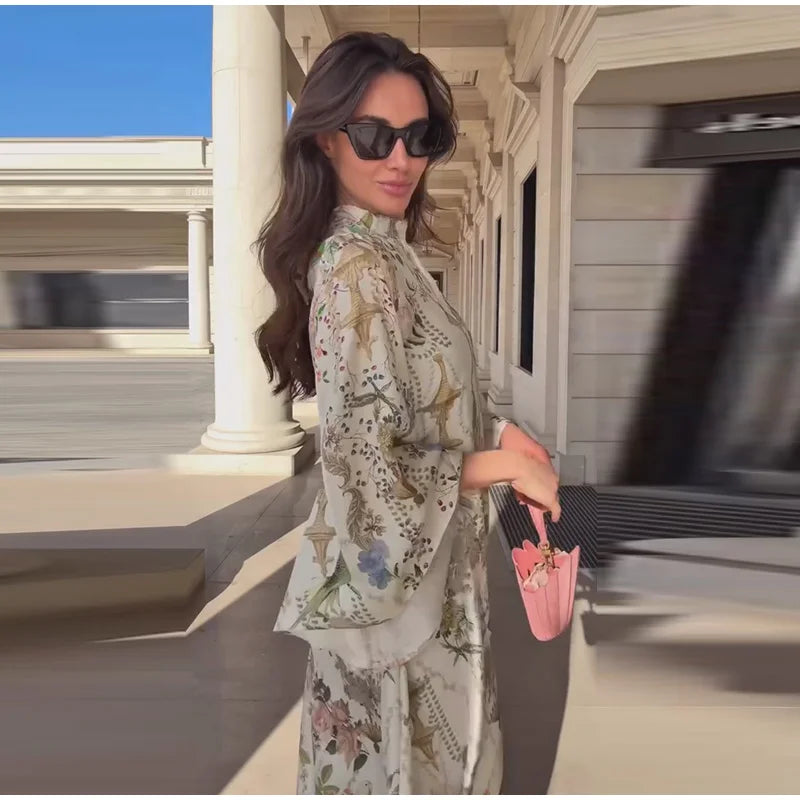 Elegant Women's Printed Long Dresses Loose O-neck Flared Half Sleeve Big Hem Wide Female Dresses 2026 Summer Lady HolidayRobes
