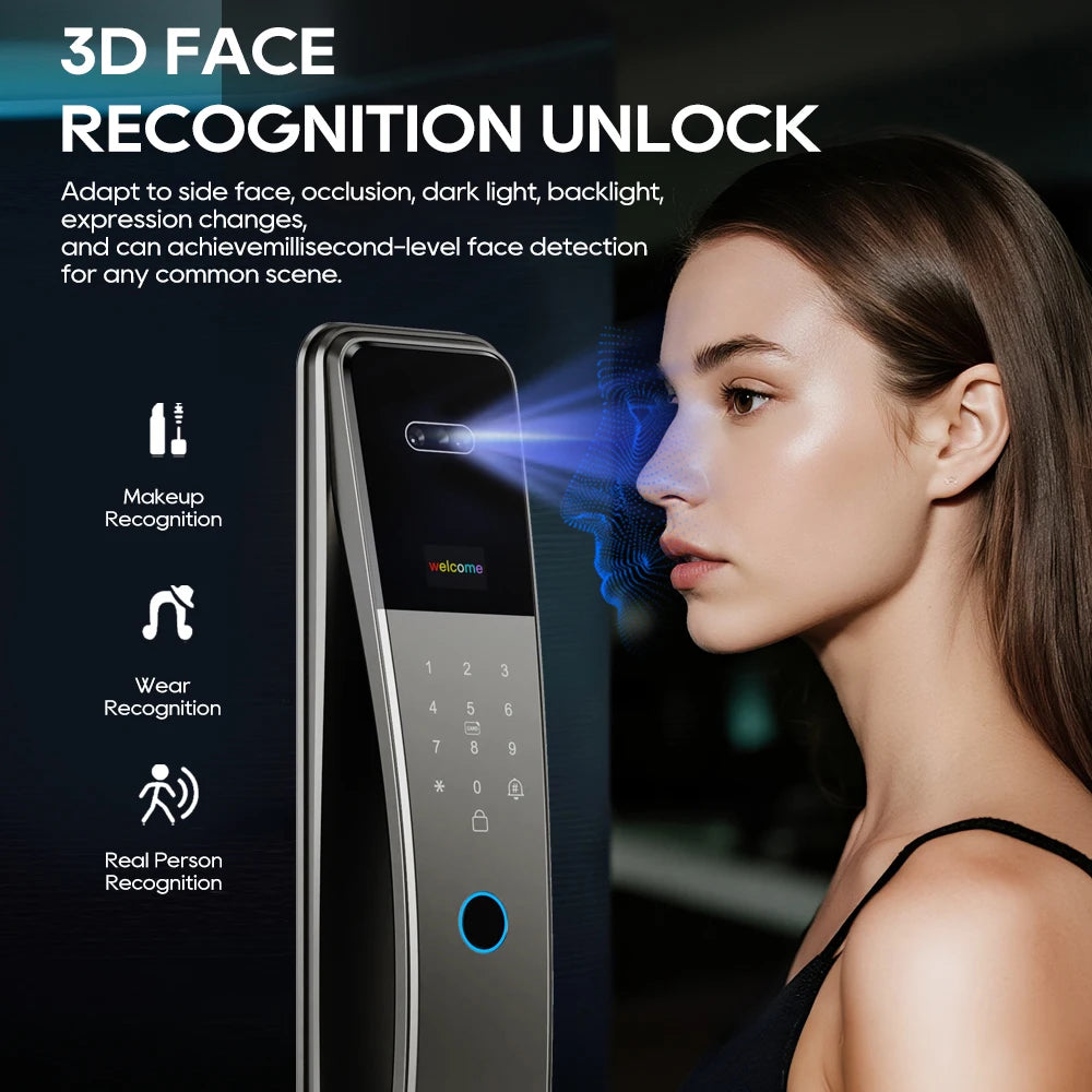 SANKESONG Tuya Smart 3D Face Door Lock Security Camera Monitor Intelligent Fingerprint Password Biometric Dual Battery