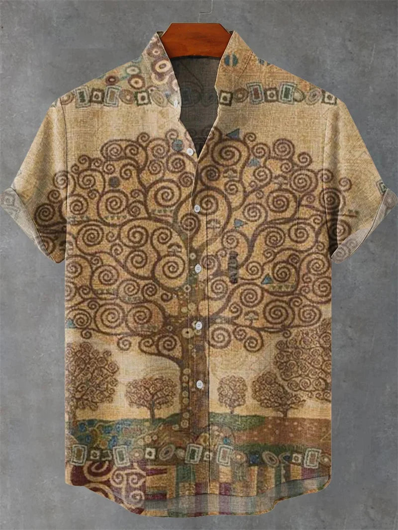 Men's Short Sleeve Shirt Vintage Ethnic Style Sunlight and Tree Illustration Art Wave Print Casual Linen Shirt,