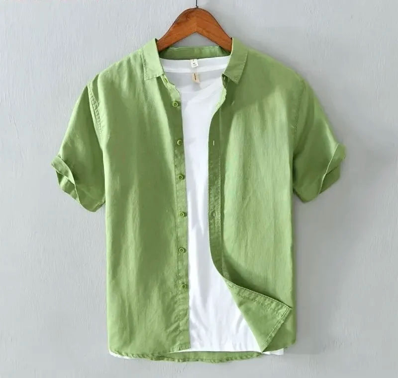 High Quality Cotton Linen Men's Summer Fashion Shirt Solid Color Simple Casual Short Sleeve Blouses Basic Thin Breathable Tops