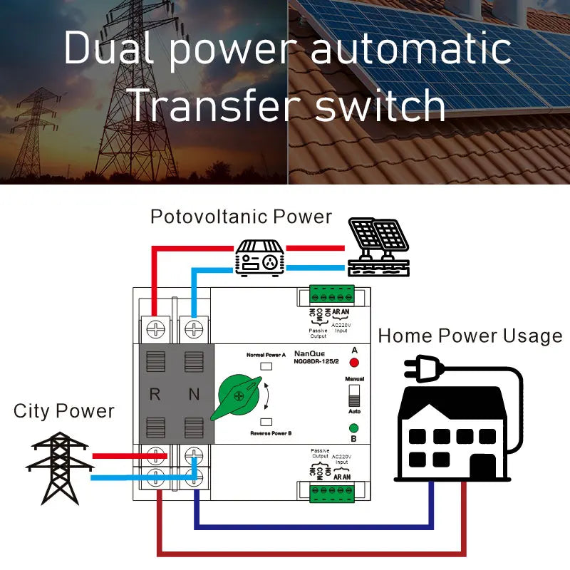 ATS Switch Dual Power Automatic Transfer 2P 125A 63A 100A AC DC Solar Inverter Circuit 3P 4P Three Phase 230V 400V No Diconnect
