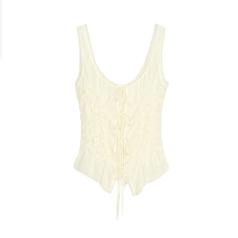 Sexy Lace Up Ruffles Women Vest Slim See Through Hollow Out Slash Neck Sling Female Top 2025 Summer Beach Lady Clothes
