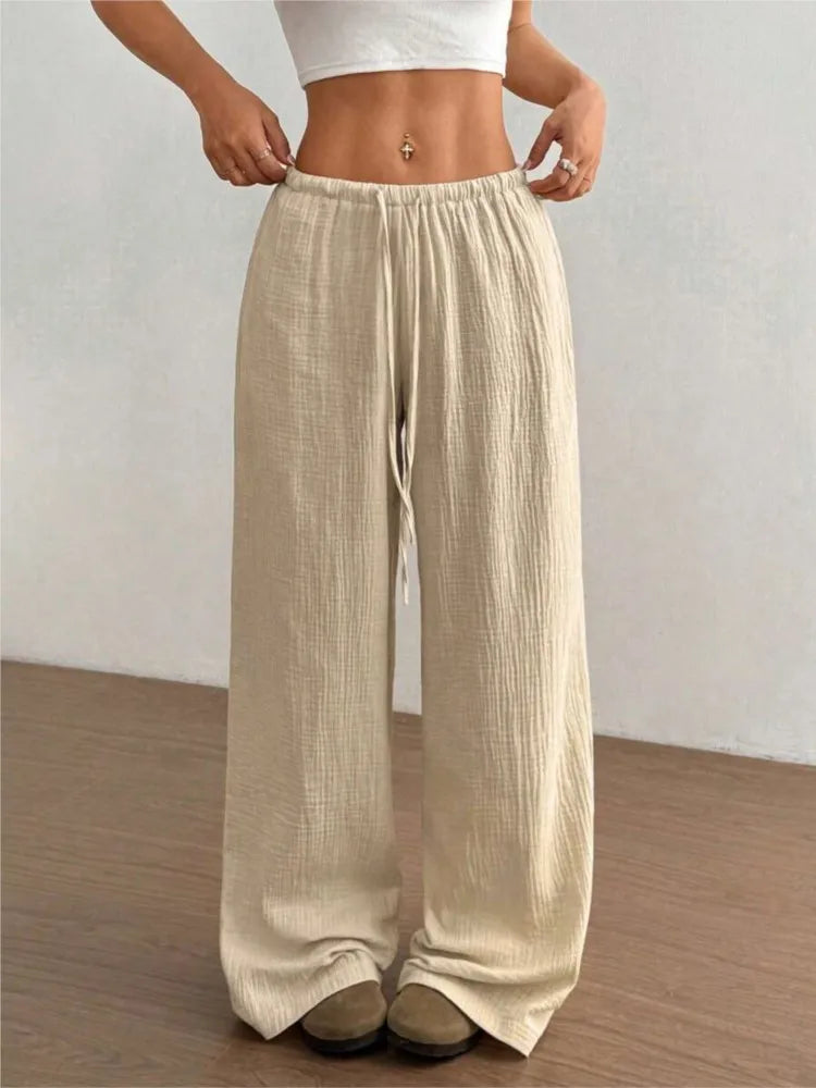 Women's Elegant Versatile Elastic Waist Comfortable Casual Pant Slightly Elastic Simple Solid Color High Waist Wide-leg Pants
