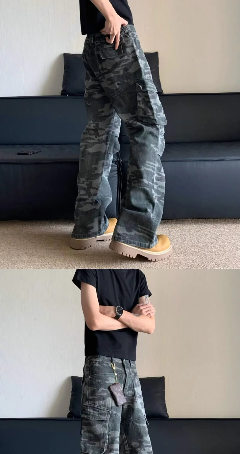 Summer Large Size American Retro Camouflage Work Pants Men's Loose Straight Leg Jeans with Diagonal Pockets Casual Long Trousers