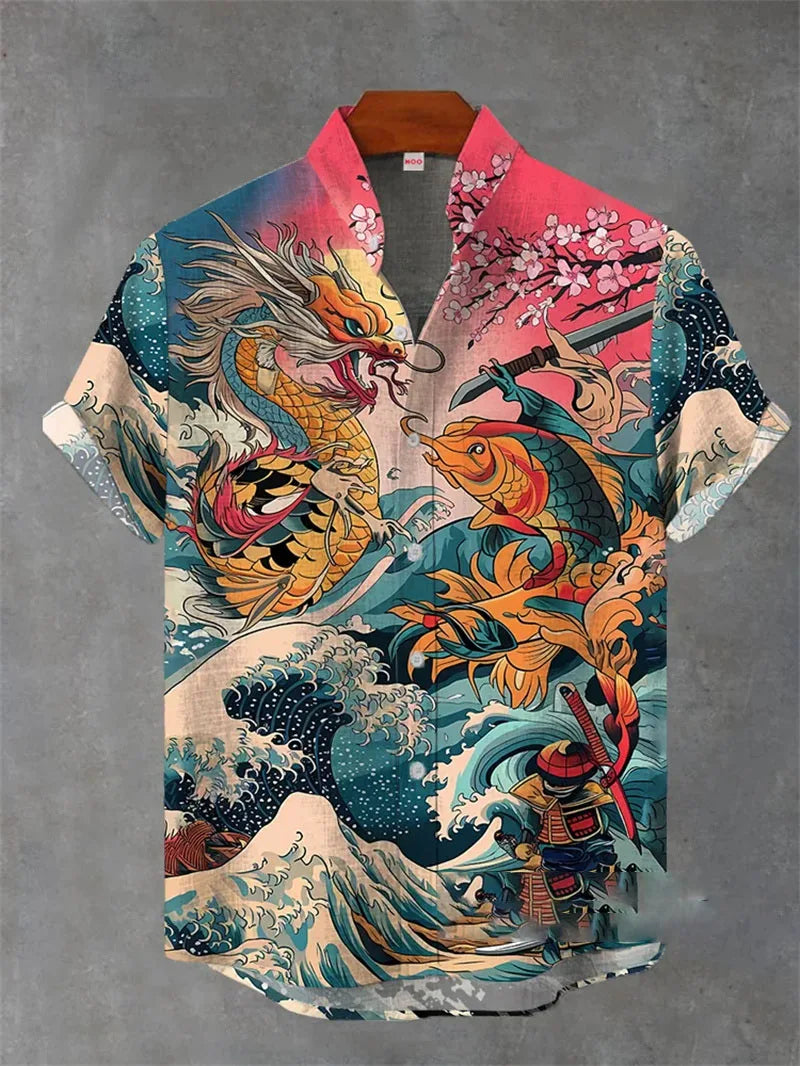 New Men's Shirt 3D Printed Linen Shirt Men's Casual Short Sleeved Top Fashionable Men's Lapel Button Up Shirt Printed T-shirt