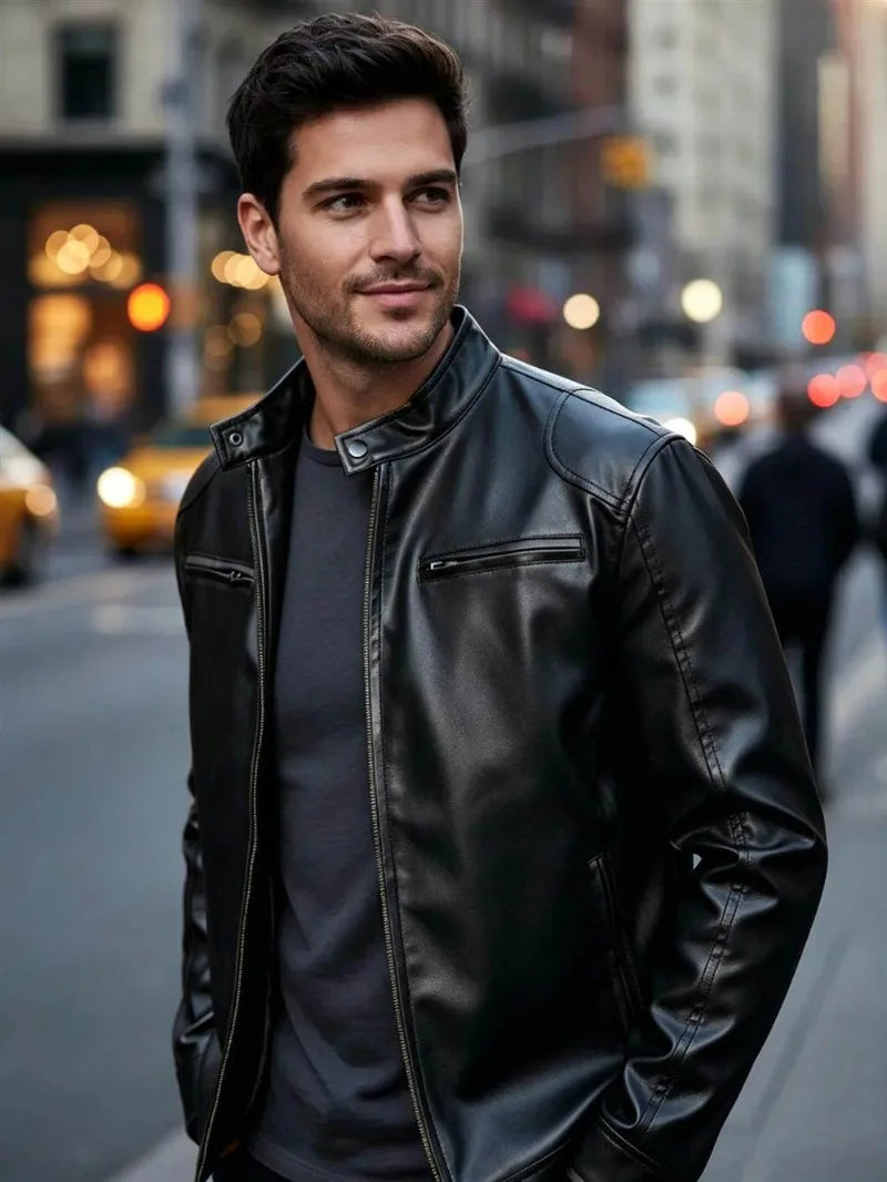 Men's PU leather jacket stand-up collar slim-fit vintage-style biker jacket spring/fall top