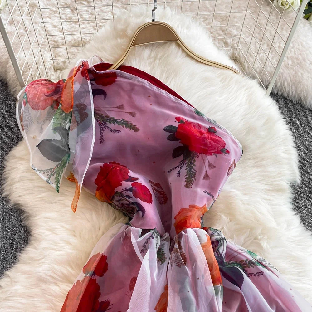 Spring Floral Series Holiday Dr Women's Summer High Waist Slim Fit Sexy Strapl Midi Length Belted Gown Korean Sle
