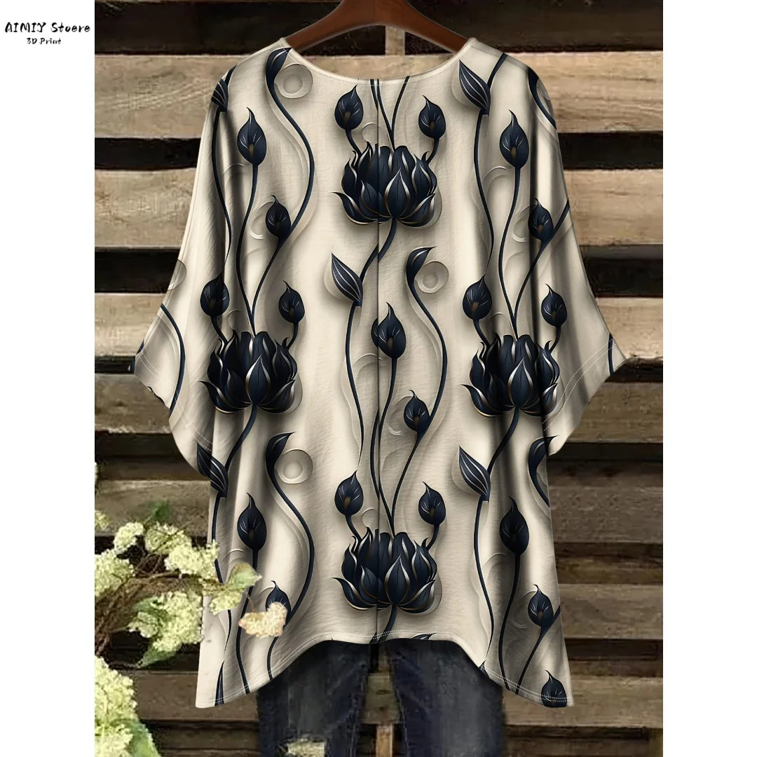 Women's Elegant Floral T-Shirt Relaxed Fit Round Neck Top Machine Washable Nontransparent Material Comfortable Clothing Casual