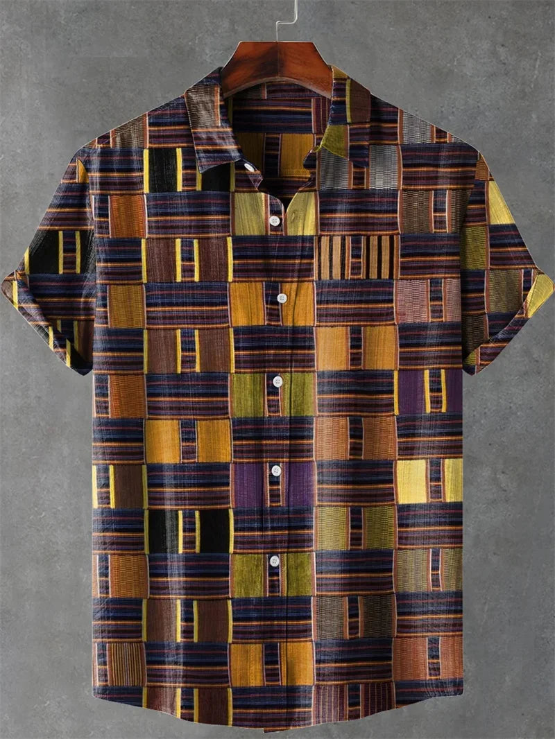 Men's Linen Shirt Vintage Short Sleeve Fashion World Tree Top Summer Casual Ethnic Costume Shirt Men's Street Shirt