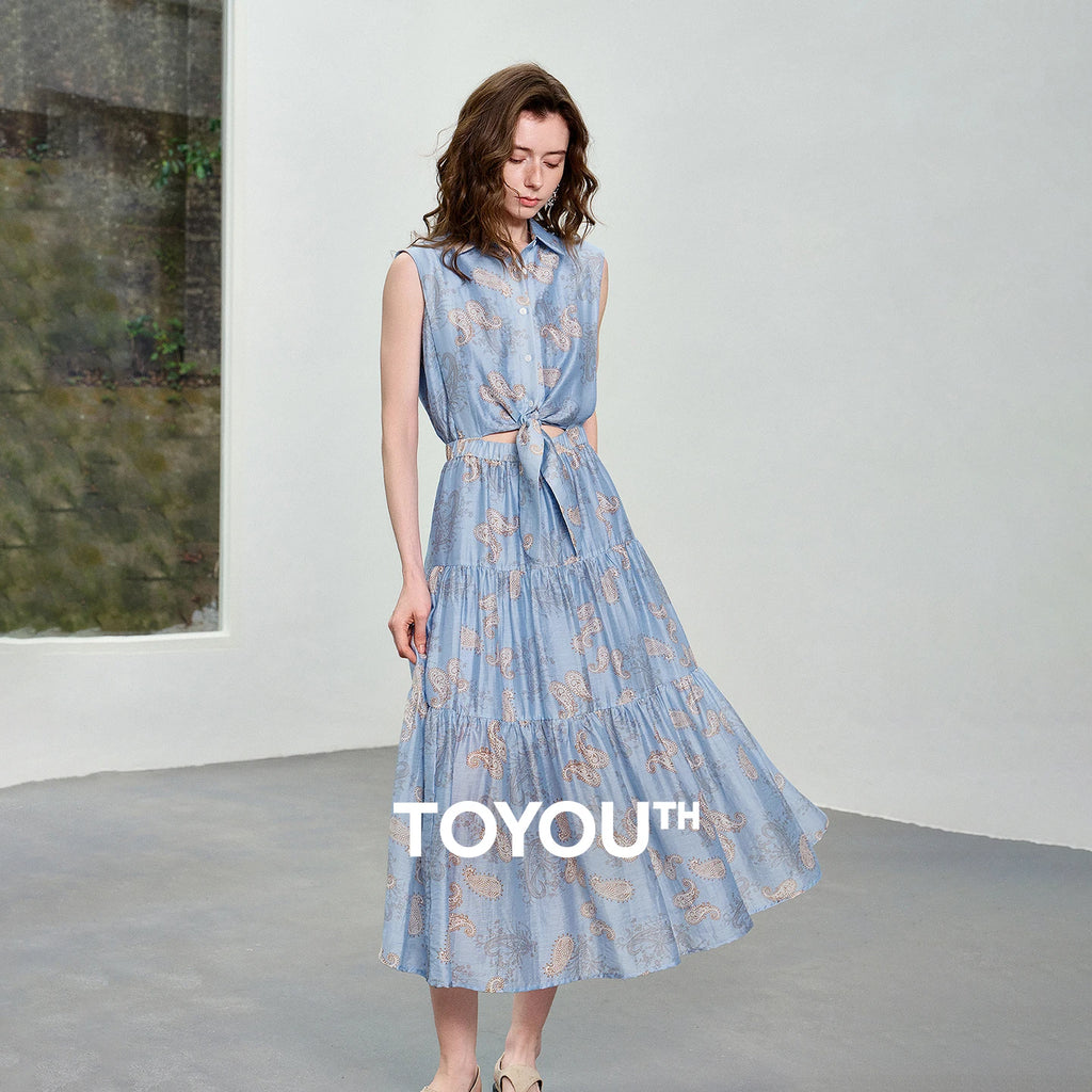 TOYOUTH Women Dress 2026 Summer New Blue Paisley Print Vintage Tank High Waist Tiered Cake Trendy Dresses