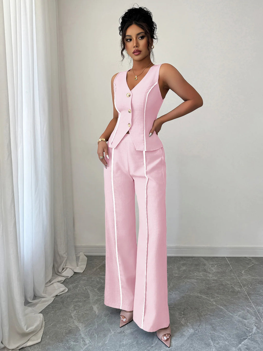 Elegant V-neck High-waisted Color-block Sleeveless Women's Suit For Spring/summer 2026 Dress Elegant Lace Maxi Beach