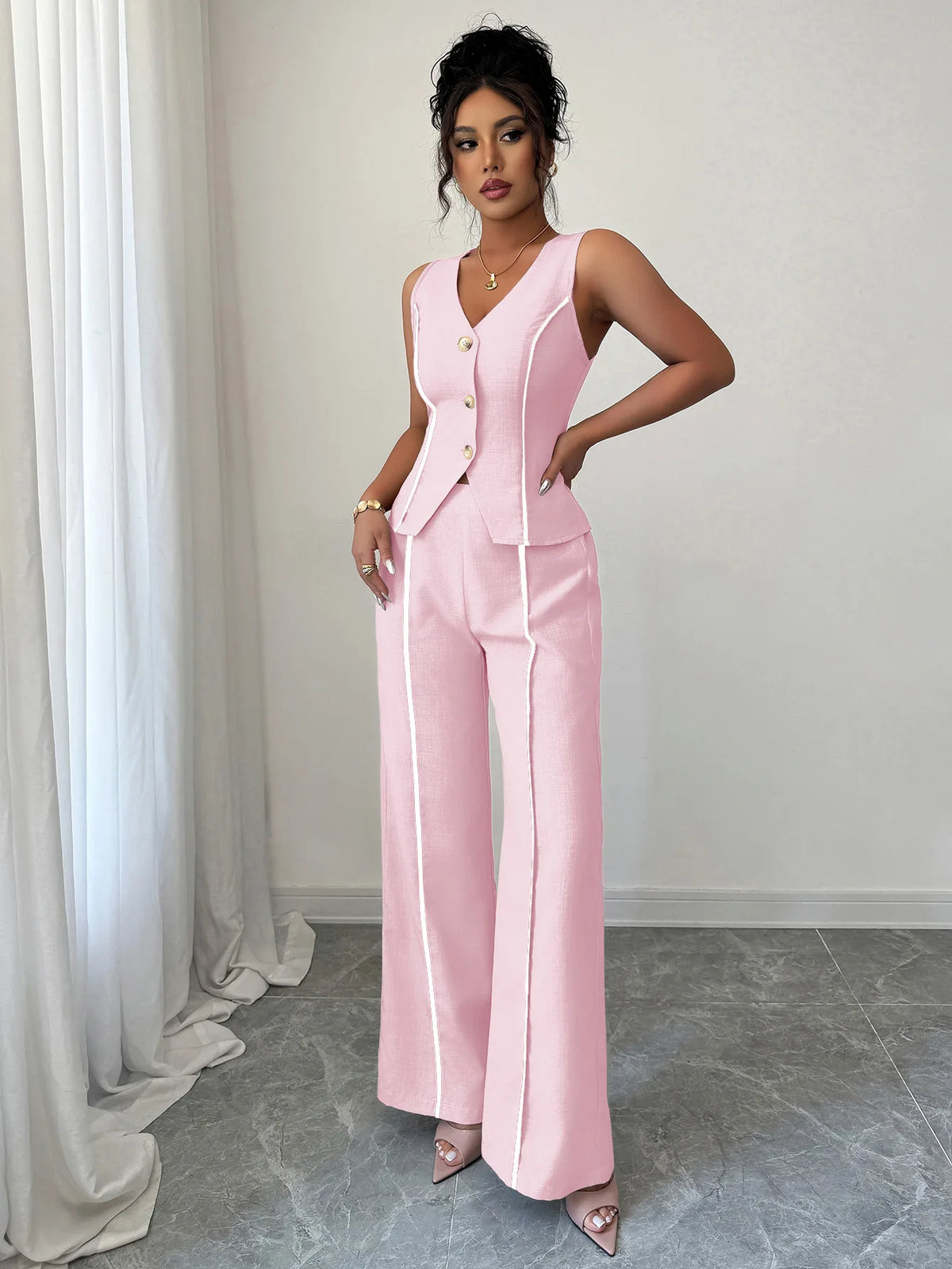 Elegant V-neck High-waisted Color-block Sleeveless Women's Suit For Spring/summer 2026 Dress Elegant Lace Maxi Beach