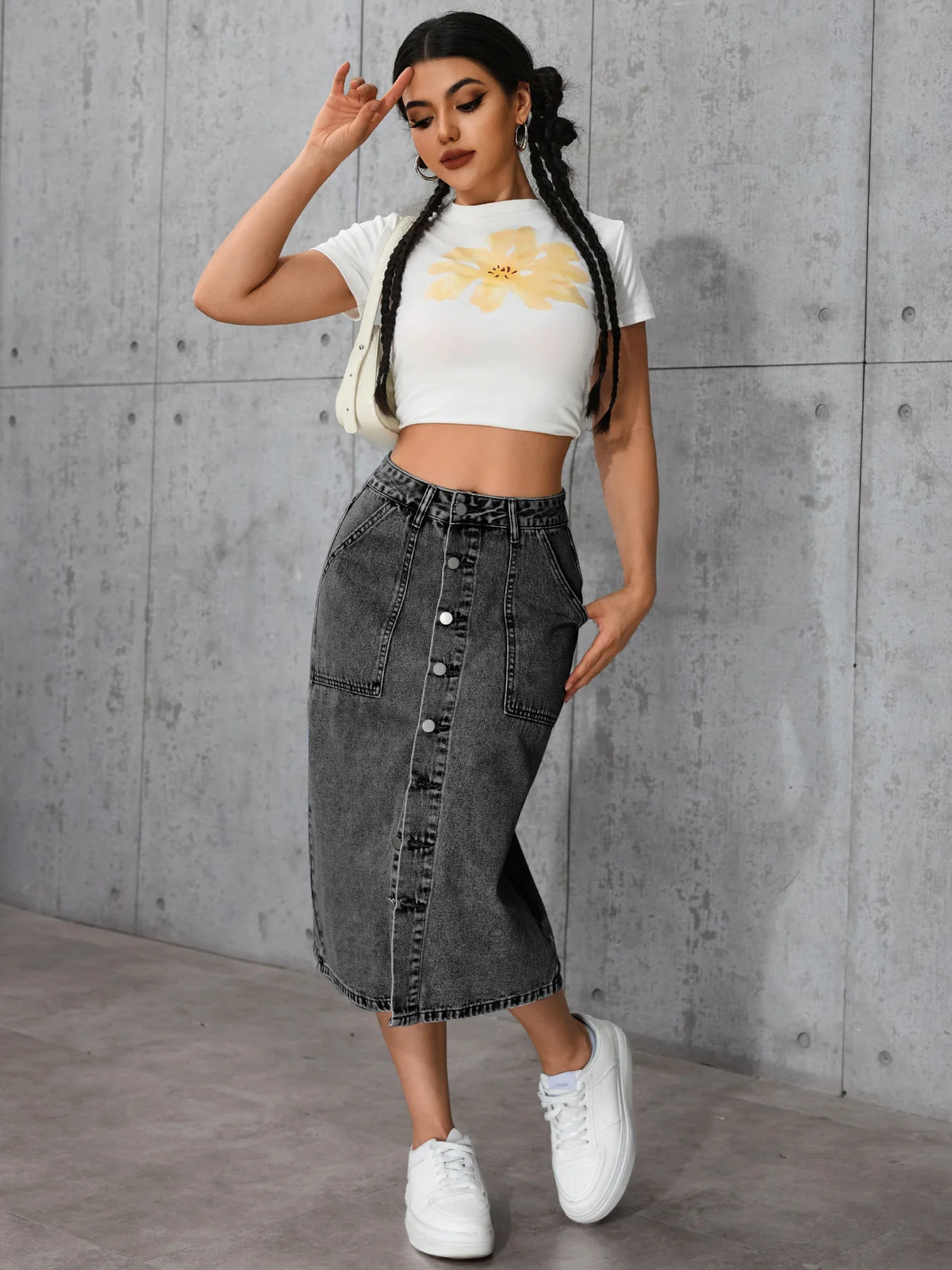 Summer Women Denim Skirt High Waist Buttons Placket Solid Color Midi Skirt Irregular Slit Design Mid-calf Length Skirt