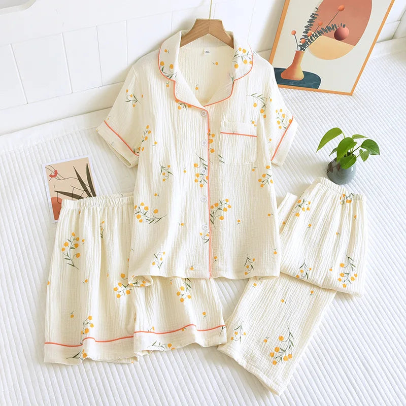 100% Gauze Cotton Summer Women Pajamas 3 Pieces Set  Female 2025 New Sleepwear Bedroom Set Short sleeved long pants + shorts