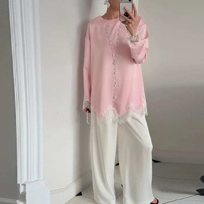 Elegant Lace Loose Dress Women Solid O-neck Full Sleeve Patchwork Dresses Female 2026 Summer White Robe Lady