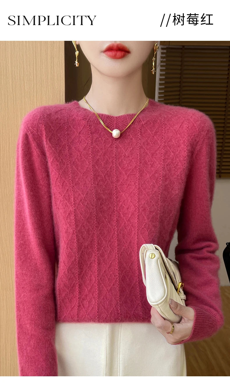 Fall/Winter 2024 New Women's Sweater 100% Pure Wool Lotus Collar Solid Color Loose Knitted Cashmere Pullover