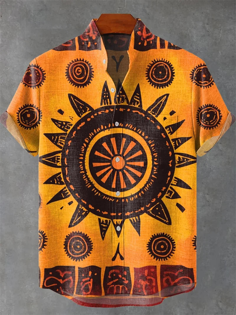 Men's Vintage Art Shirt Vintage Abstract Geometry World Tree Print Short Sleeve Linen Casual Shirt Men's Holiday