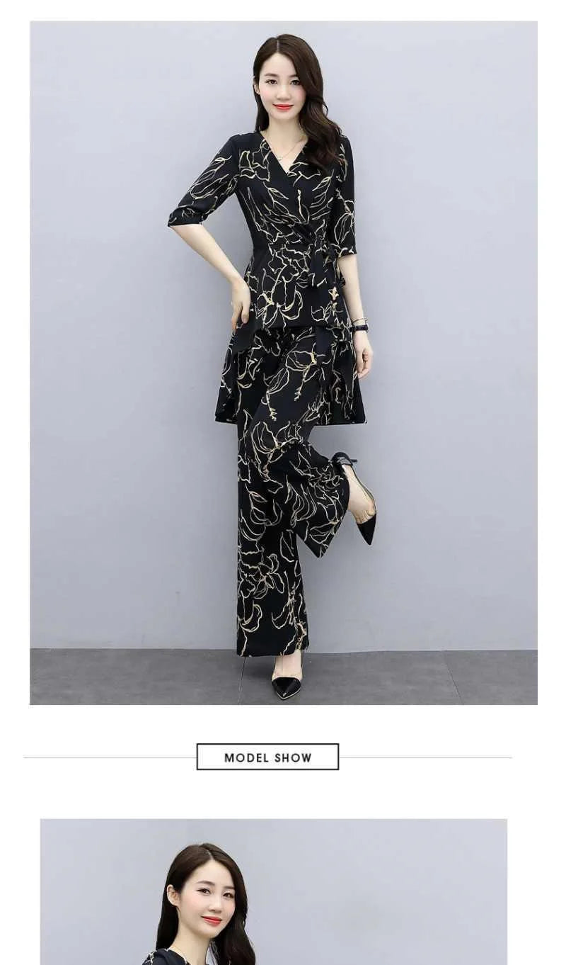 2 Piece Set Women Casual Fashion Printing Pants Suit Short Sleeve Tops +Wide Leg Pants 2 Piece Outfits Women White Set Summer4XL
