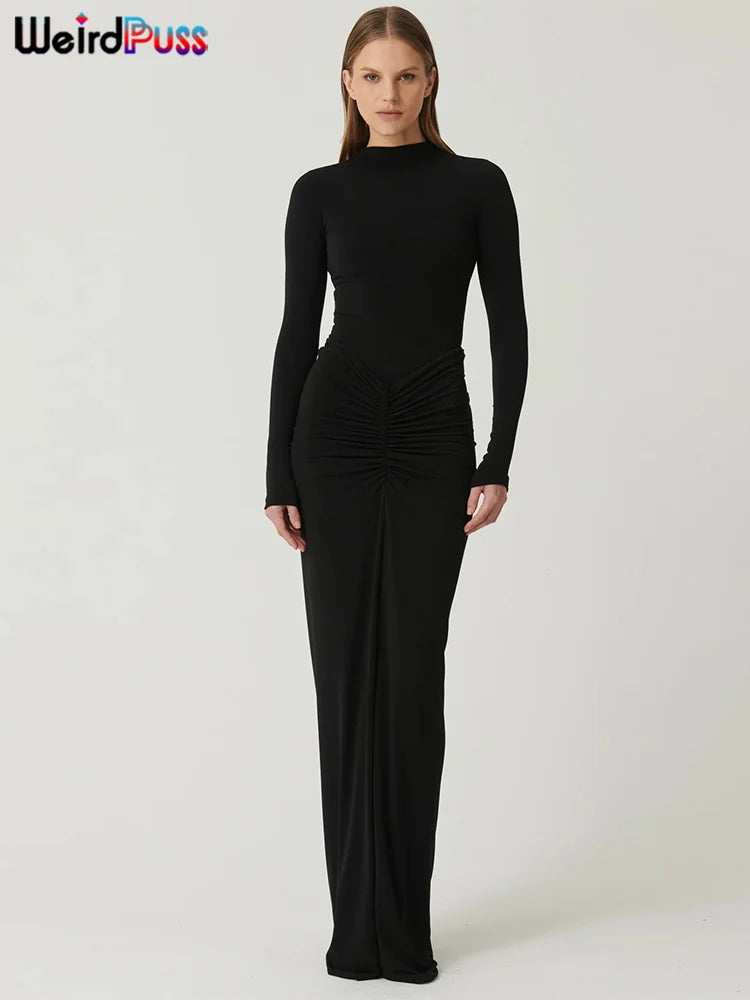 Weird Puss Hipster Ruched Dress Women O-Neck Full Sleeve Skinny Stretch Robe Autumn Trend Simple Classic Pleats Long Bodycon