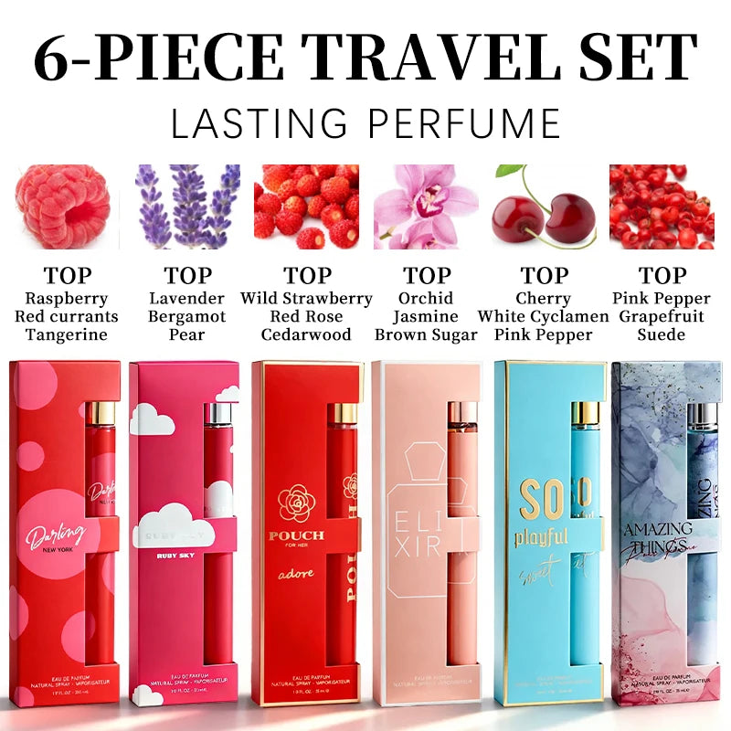 6-Piece Travel Set, Men's and Women's Eau De Toilette Spray, Long-Lasting Fragrance, 6 Different Flavors, Perfect for Holiday Gift