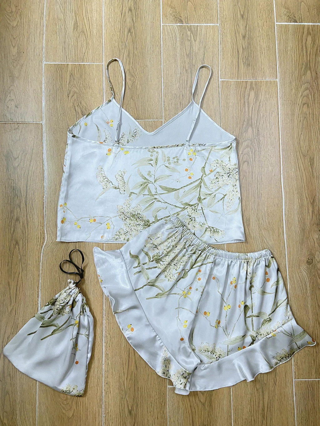 Summer Elegant  Print Cami Tops Ruffle Hem Shorts Pajama Set  Women's Sleepwear V Neck Strap Loungewear