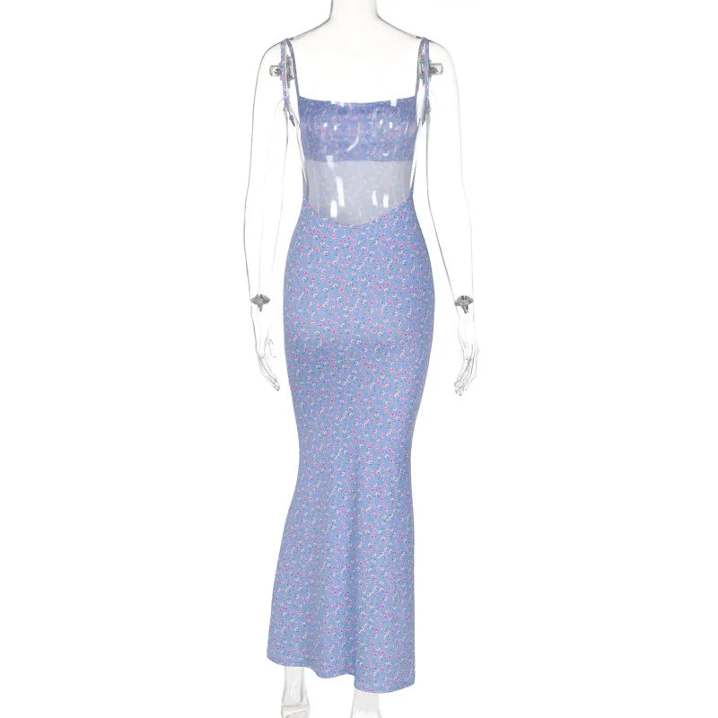 Women's Flower Print Sleeveless Backless Slim Maxi Dress Elegant Streetwear Party Clothing Spring 2025 Concise Sexy Slip Dress
